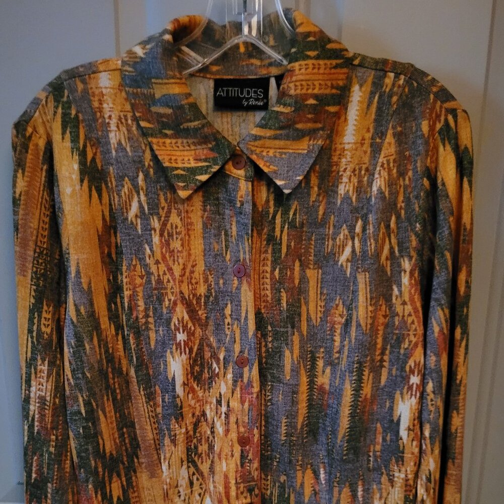 Attitudes Orange Abstract Print Button-Front Sweater Type Top Misses Med